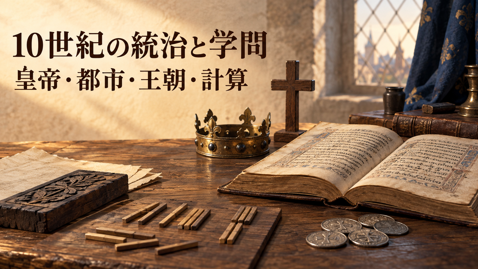 10世紀の統治と学問を、王冠、十字架、書物、木版、銀貨、算木で表した創作イメージ