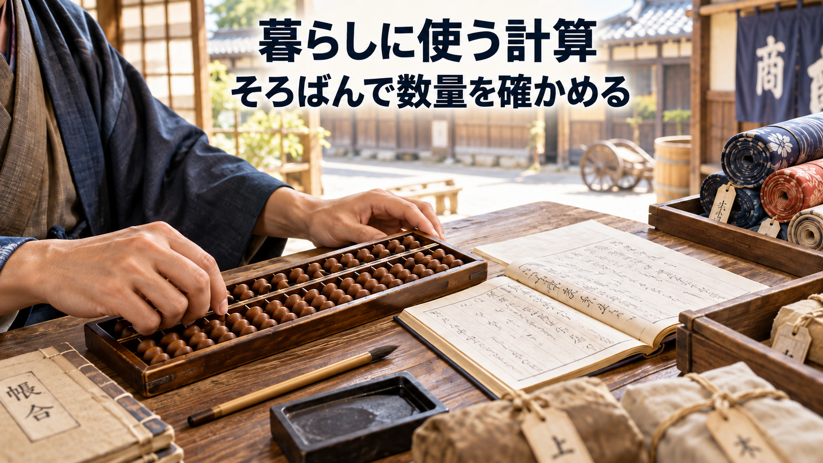 江戸時代初めの商家で、成人がそろばんと帳面を使って数量を計算する学習用イラスト