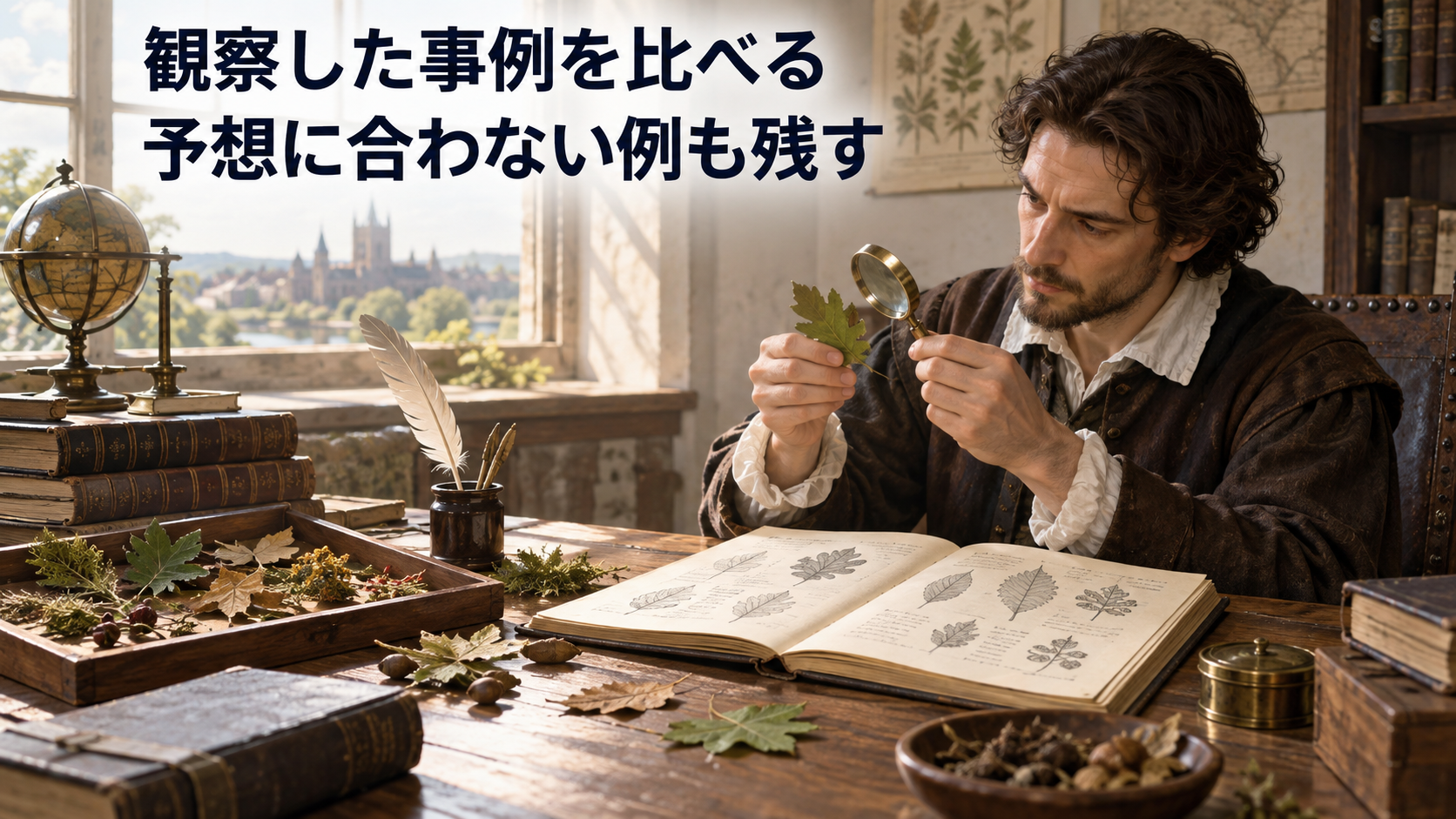 17世紀ヨーロッパを一般化した書斎で、成人が複数の自然物を観察して記録する学習用イラスト