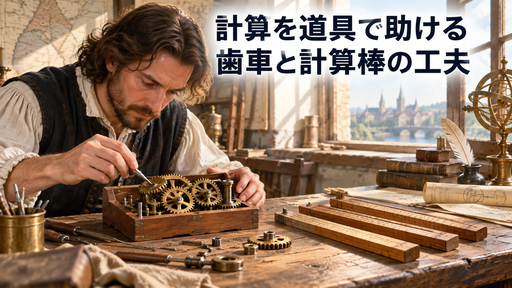 木製の作業台に歯車の機構と計算棒を置き、成人の職人が調整する学習用イラスト