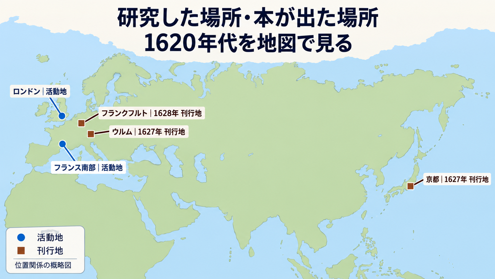 京都、ロンドン、フランス南部、ウルム、フランクフルトの位置と活動地・刊行地を示す概略地図