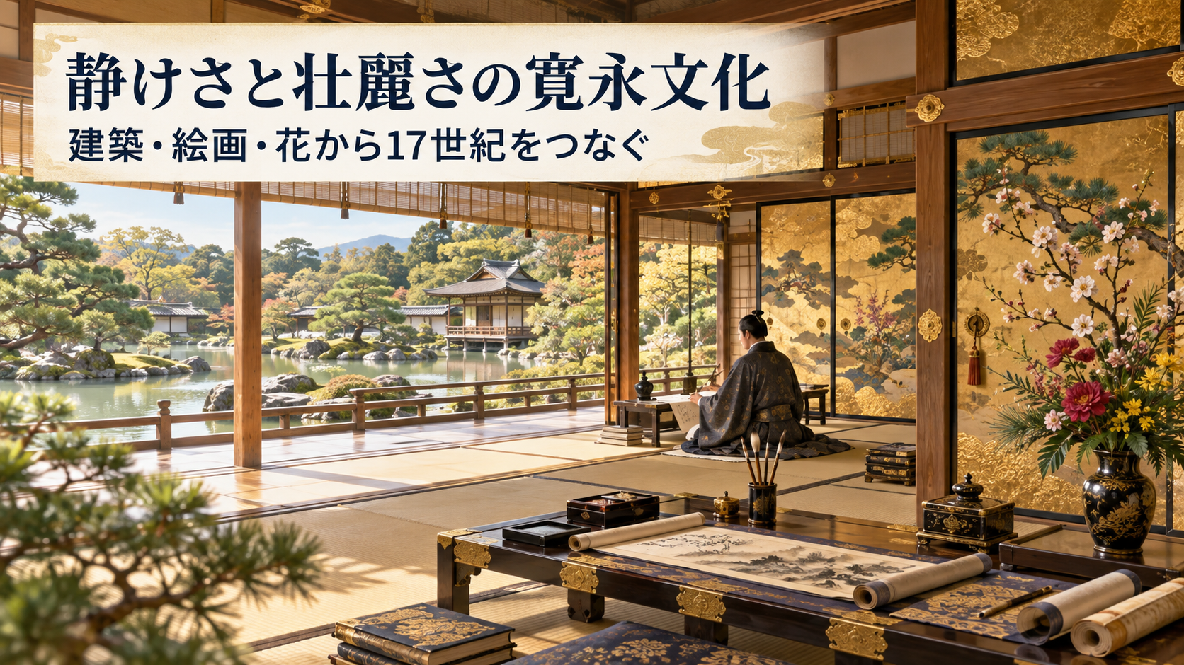 17世紀前半の京都を一般化した書院で、庭、襖、花、筆などを一つの空間に描き、静かな美と壮麗な文化表現の共存を示した歴史学習イラスト。