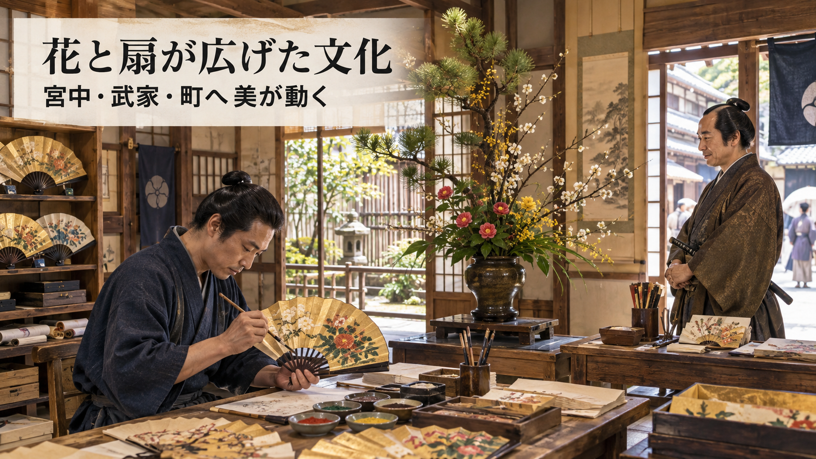 17世紀前半の京都の町家を一般化し、成人職人が扇面へ絵を描き、室内に大きな立花が飾られた歴史学習イラスト。