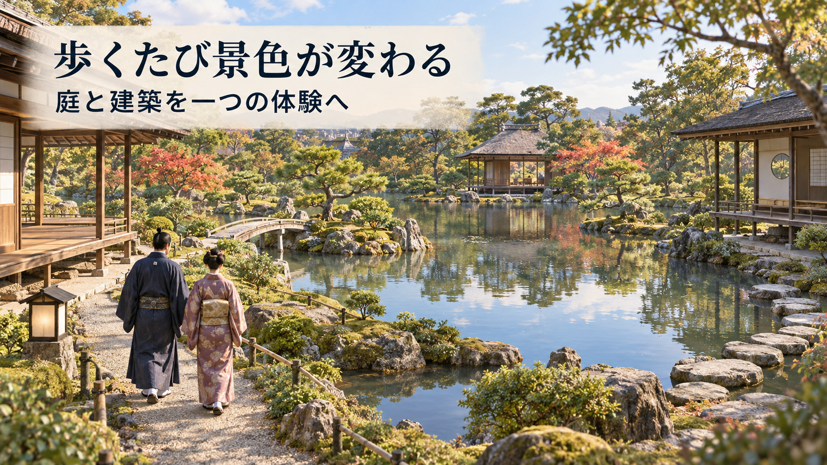 17世紀前半の京都を一般化した庭園で、成人が池の周囲の小道を歩きながら変化する景色を楽しむ歴史学習イラスト。