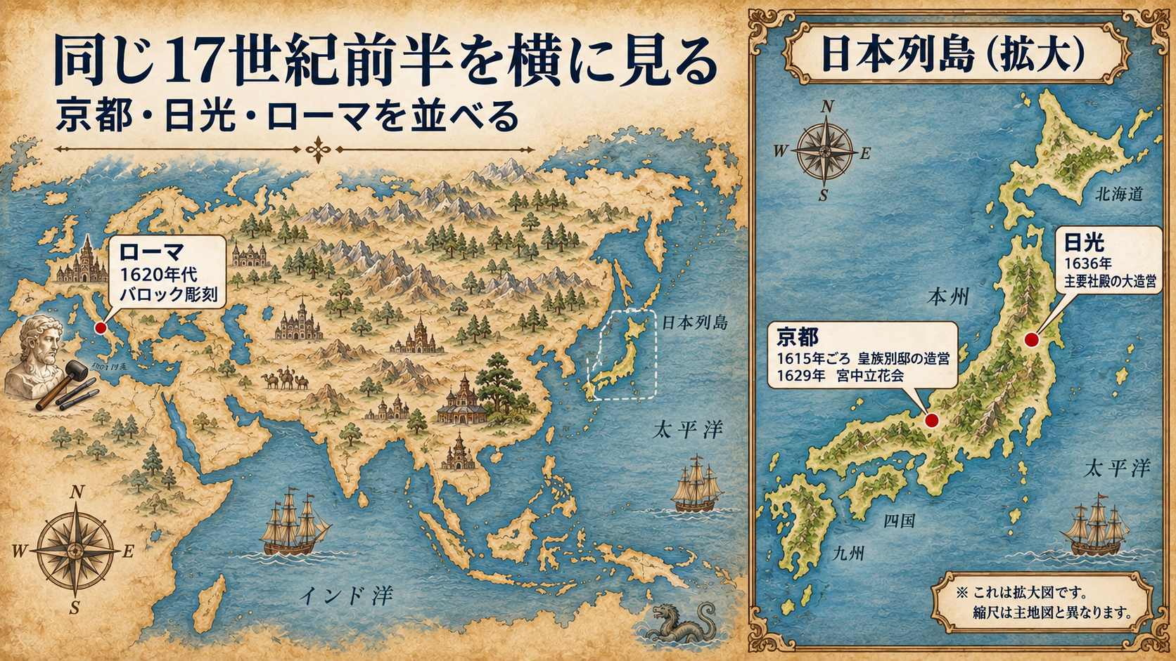 京都、日光、ローマの地理的位置と17世紀前半の文化活動を示し、地域間の交流矢印を描かない古地図風の概略歴史地図。