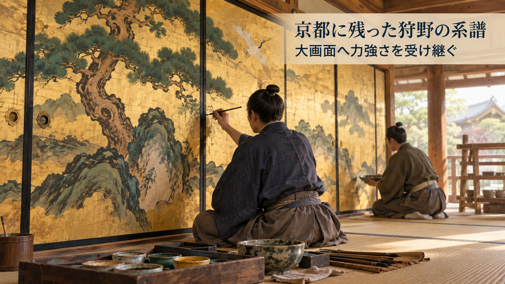 17世紀前半の京都を一般化した室内で、成人絵師が大きな襖に装飾的な絵を描く歴史学習イラスト。
