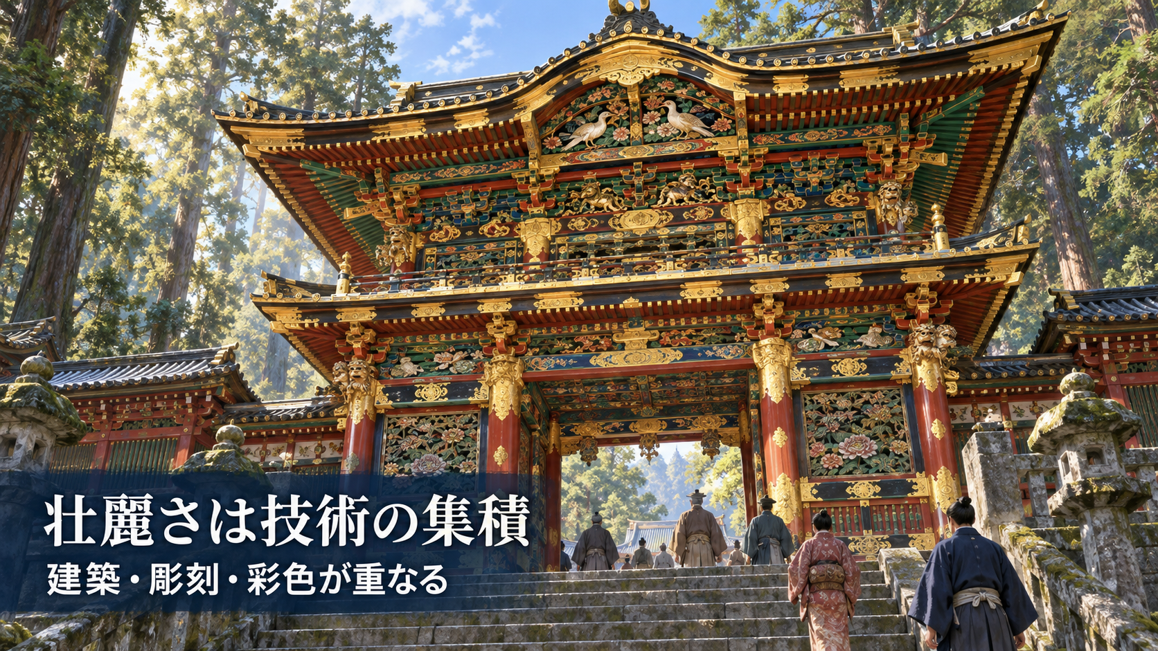 17世紀前半の関東北部を一般化した神社・霊廟の装飾建築で、彫刻・彩色・漆・飾り金具が木造建築へ重なる様子を示した歴史学習イラスト。