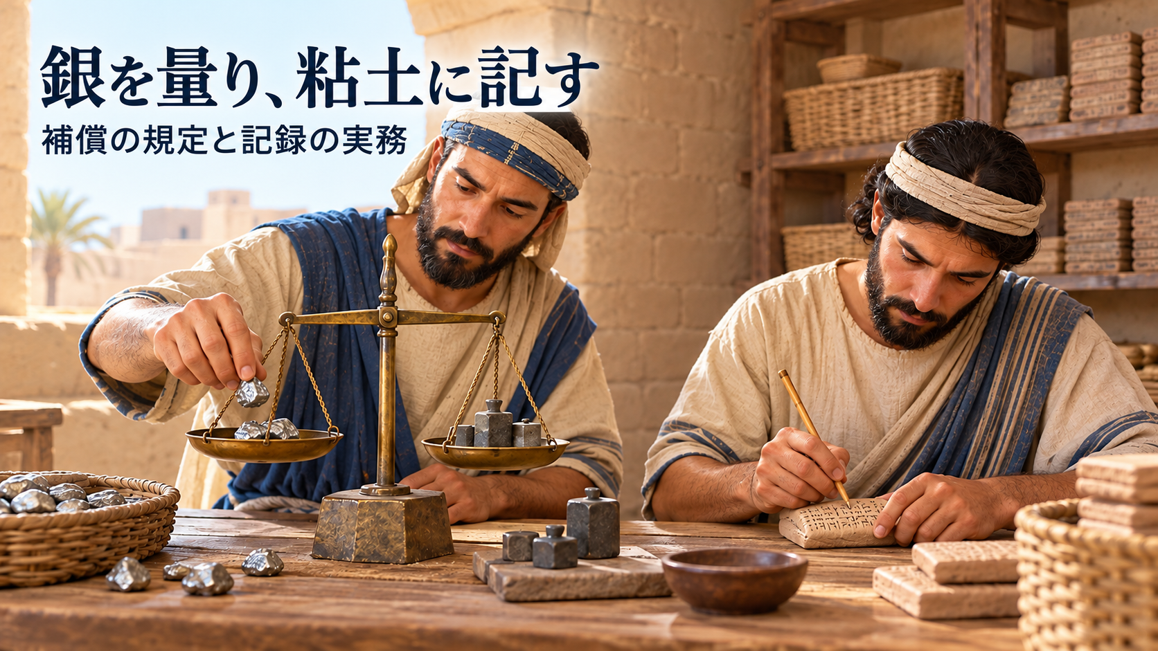 架空の成人が天びんで銀を量り、書記が粘土板に記録する学習用イメージ