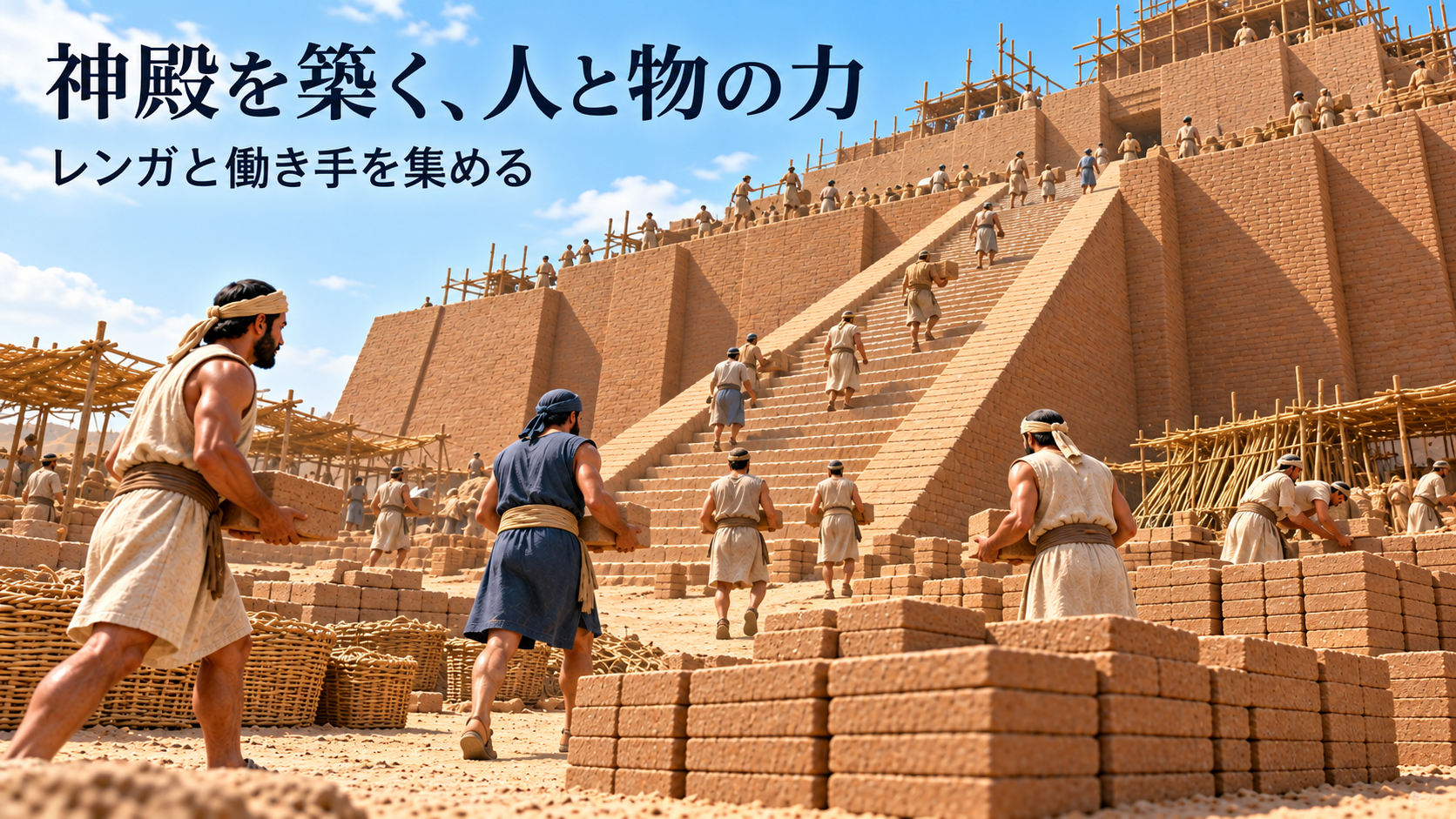 南メソポタミアの神殿基壇とレンガを運ぶ架空の成人を描いた学習用イメージ