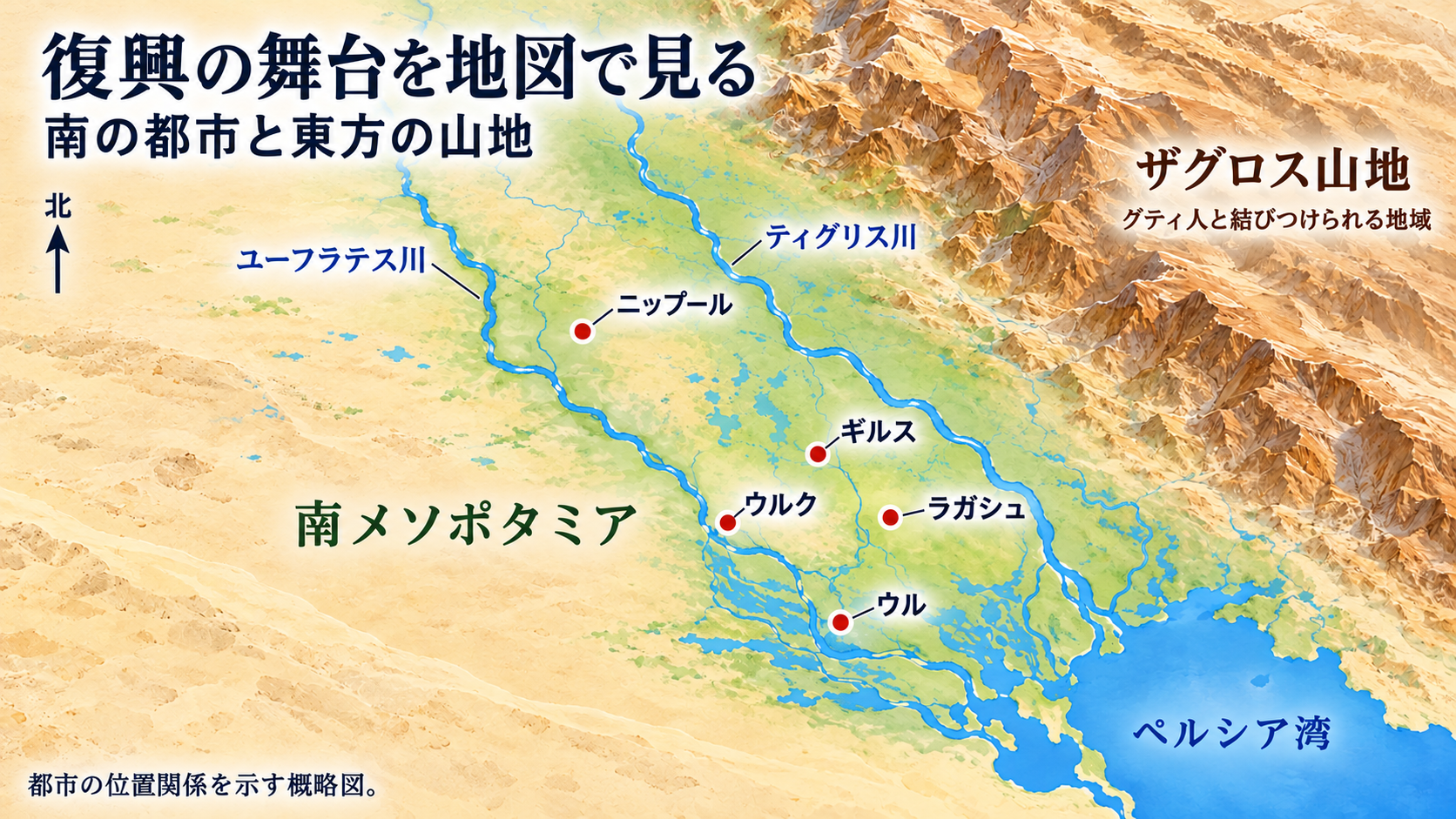 ウル、ウルク、ラガシュ、ギルス、ニップールとザグロス山地の位置関係を示す概略地図