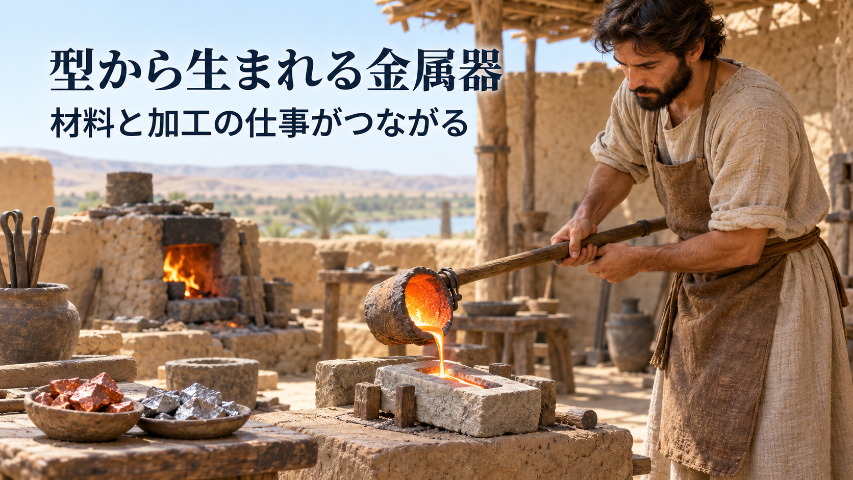 青銅器時代の西アジアの工房で成人の職人が小さな鋳型に金属を注ぐ一般化した復元イメージ