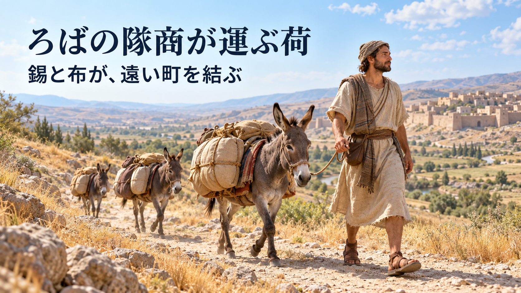 旧アッシリア時代の交易をイメージし、成人の商人が荷を載せたろばを導く場面