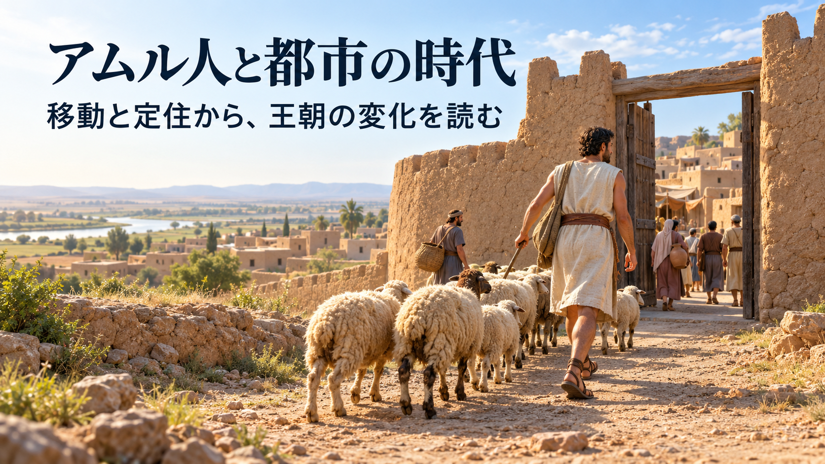 紀元前2000年ごろの西アジアで、成人の牧畜者が家畜と都市の入口へ向かう一般化した復元イメージ