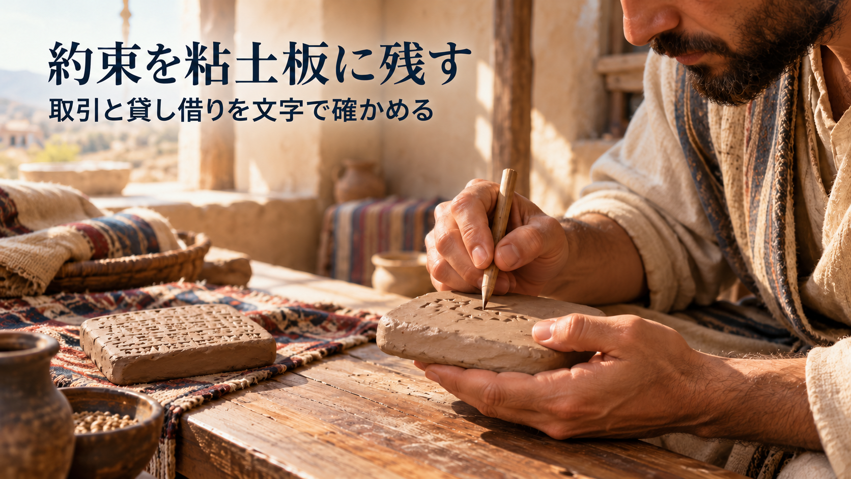 カネシュの商人の家を一般化し、成人の書き手が葦の筆記具で小さな粘土板に記録をつける場面