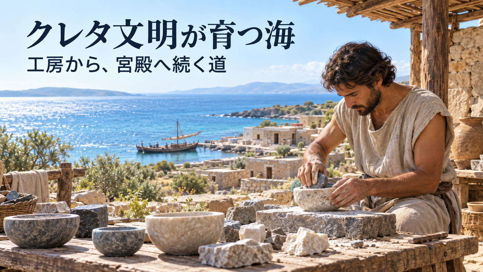 海辺の集落で石の容器を磨く成人の職人を描いた歴史学習用イメージ