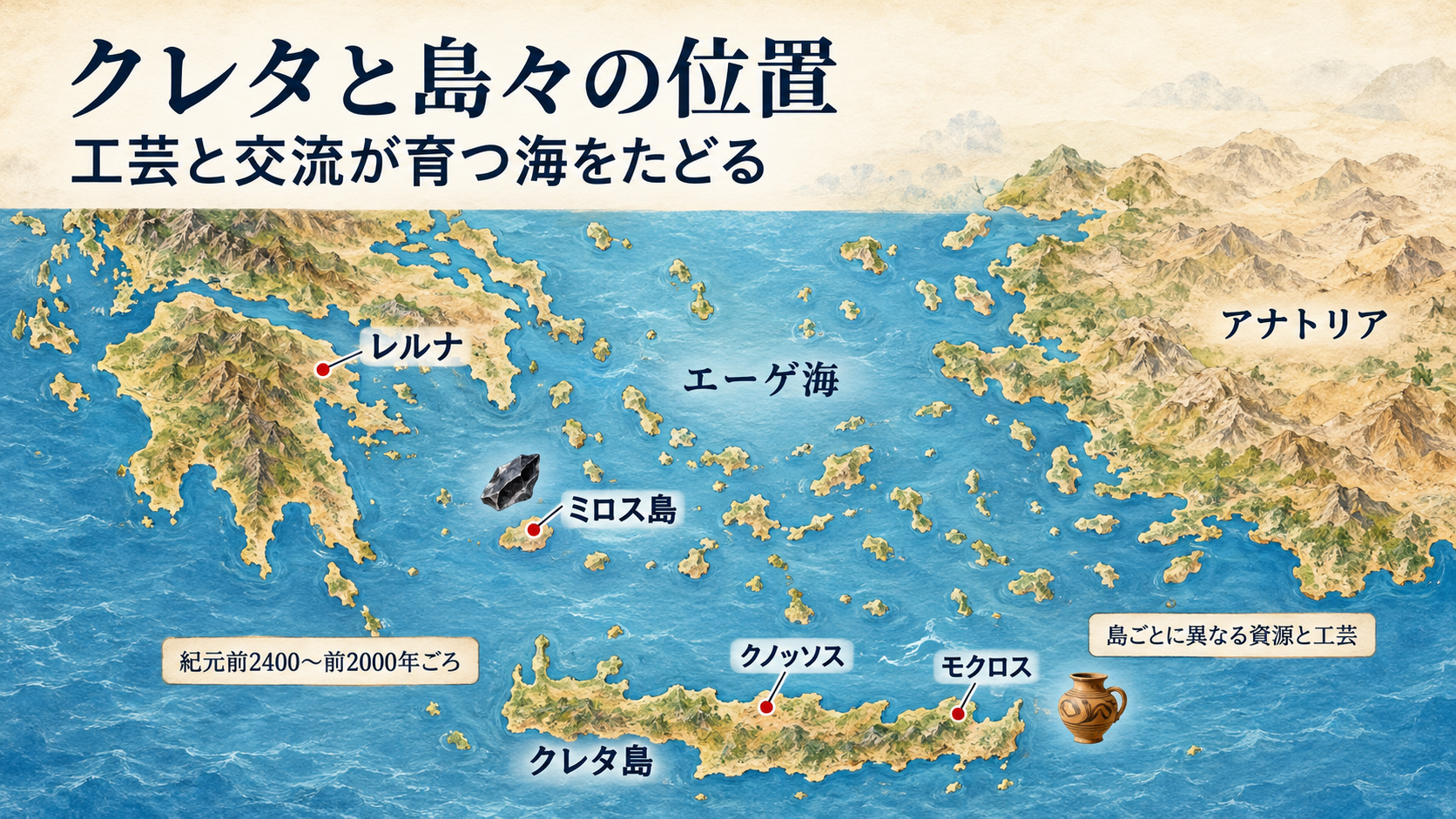 クレタ島・クノッソス・モクロスと、ミロス島・レルナ・アナトリアの位置を示す概略地図