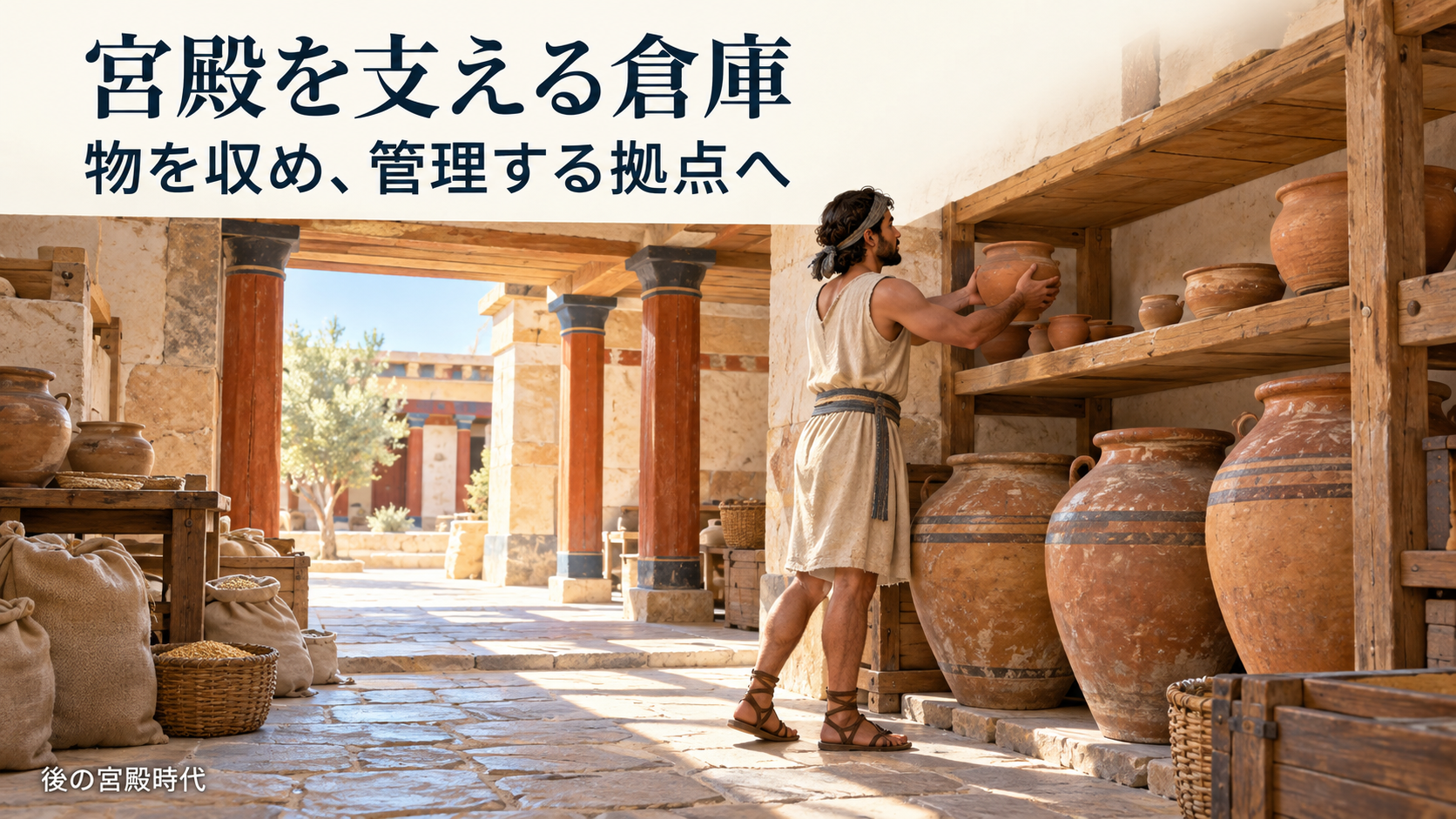 後の宮殿時代のクレタで大型の容器を並べた倉庫を使う成人の作業者の復元イメージ