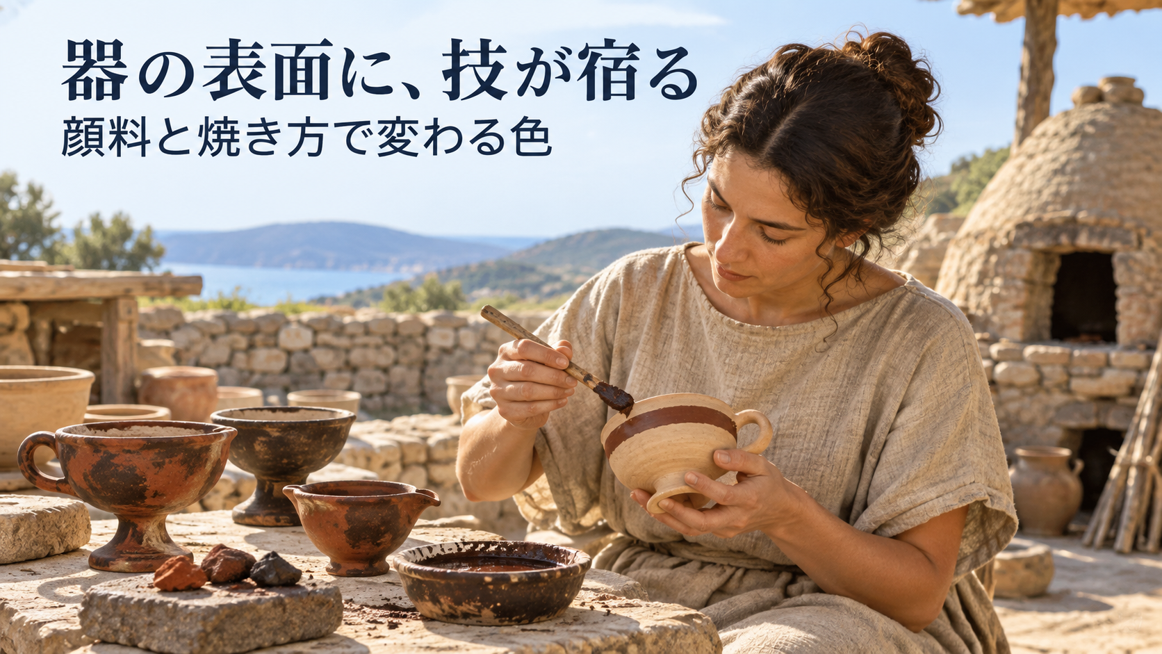 初期ミノア期の工房で土器の表面を仕上げる成人の職人の復元イメージ