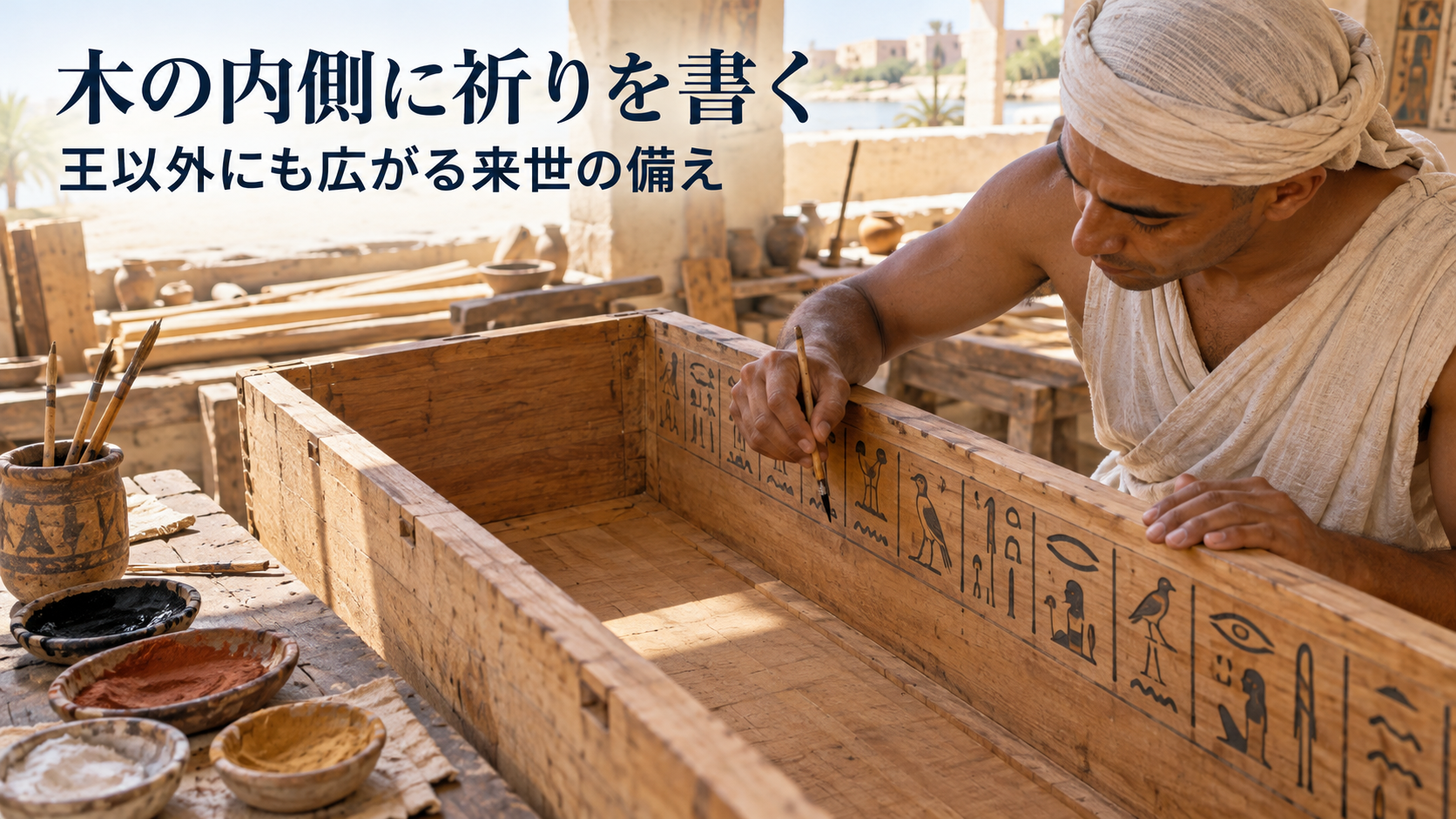 中王国の工房で成人の職人が空の木製棺の内側に祈りの文字を書く作業を一般化した生成イラスト
