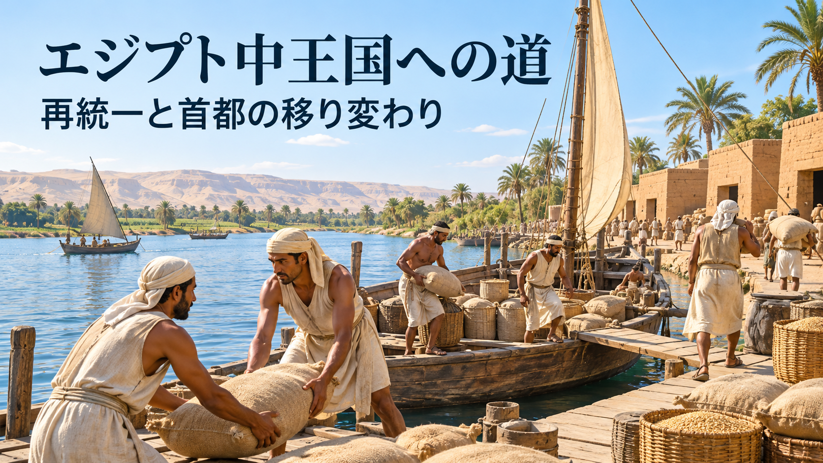 ナイル川の船着き場で物資を陸へ運ぶ成人たちを描いた中王国の学習用生成イラスト