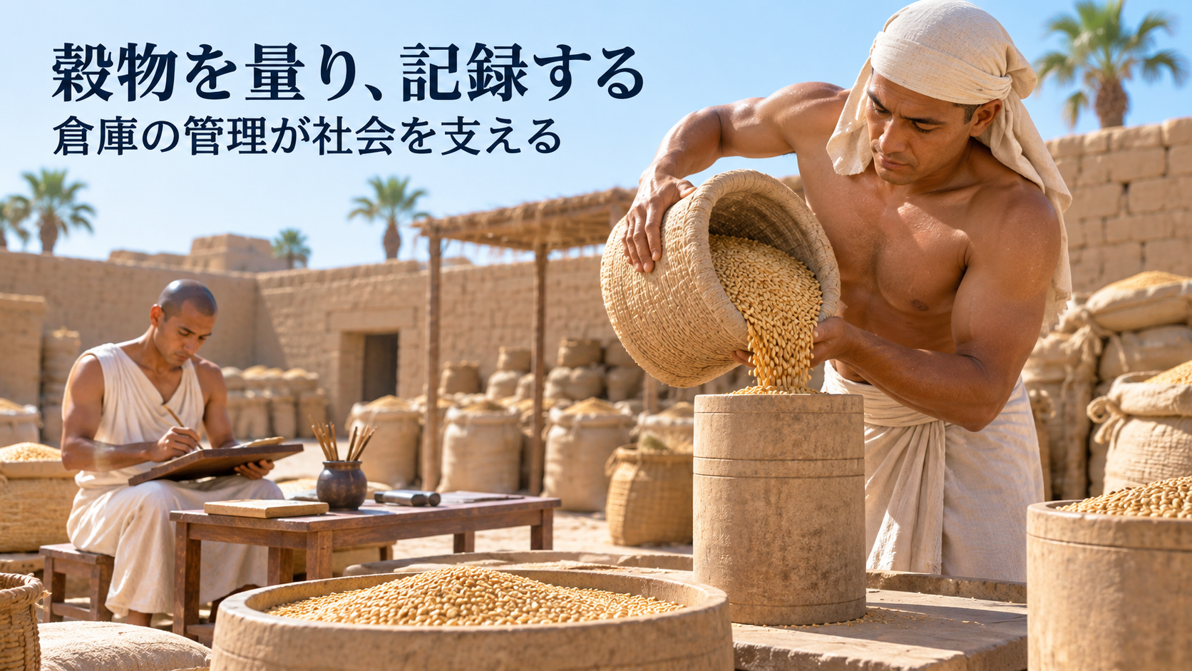 古代エジプトの穀倉で成人が穀物を量り、書記が記録する仕事を一般化した生成イラスト
