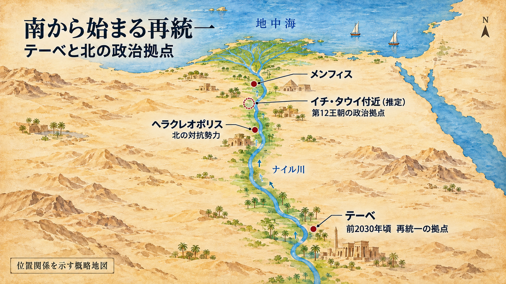 メンフィス、イチ・タウイ推定地域、ヘラクレオポリス、テーベとナイル川の位置関係を示す生成概略地図