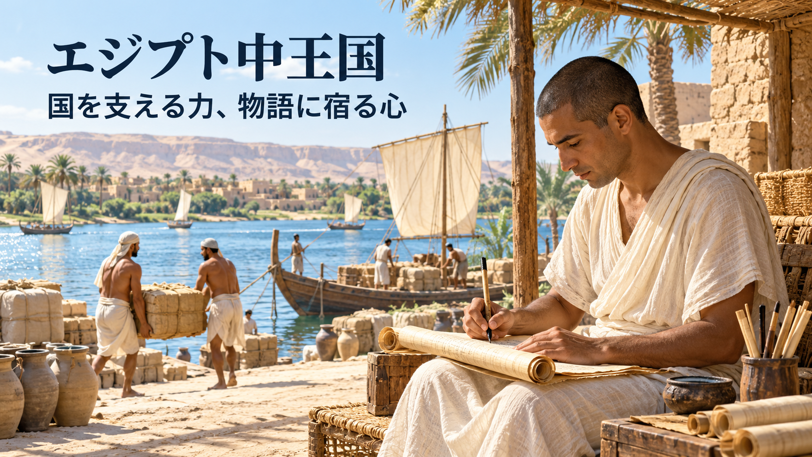 ナイル川の河岸で書記がパピルスに記録する、中王国の学習用生成イラスト。