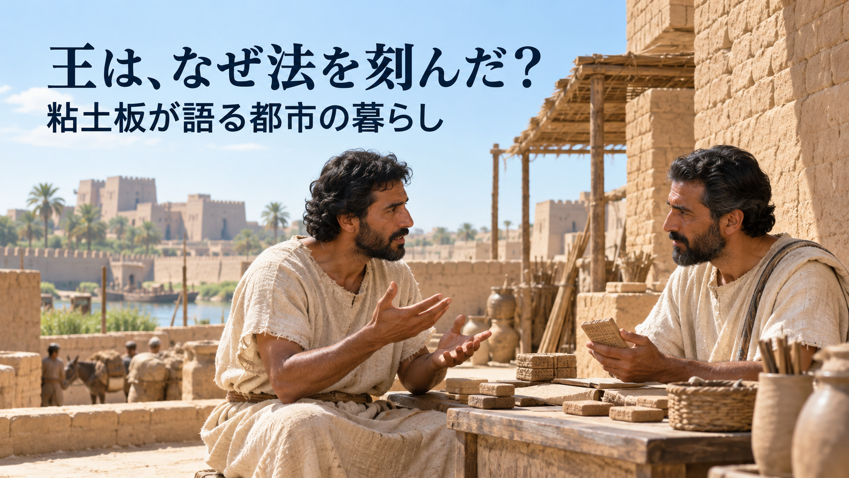 古代メソポタミアの都市で、書記が粘土板を手に住民と向き合う場面。
