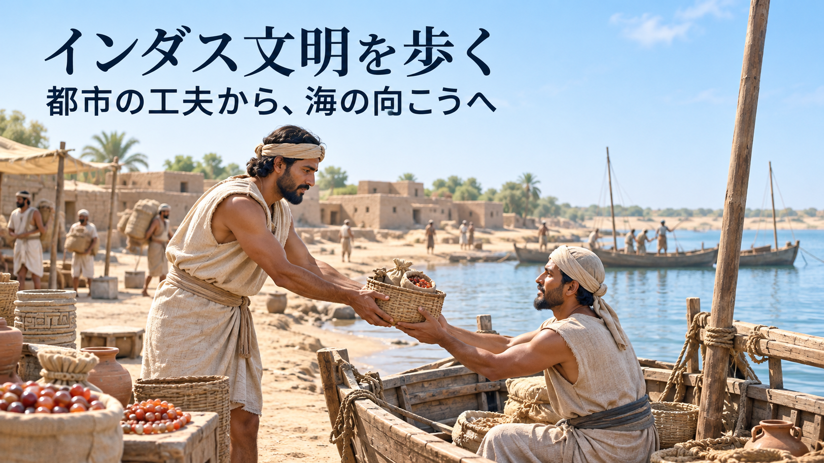 インダス沿岸の積み荷の受け渡しを描いた歴史学習用イメージ