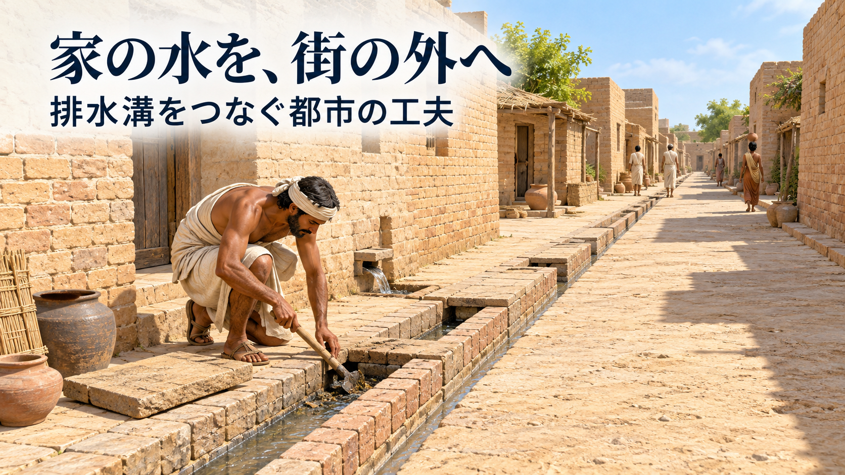 レンガの排水溝を手入れする成人の作業者を描いた復元イメージ