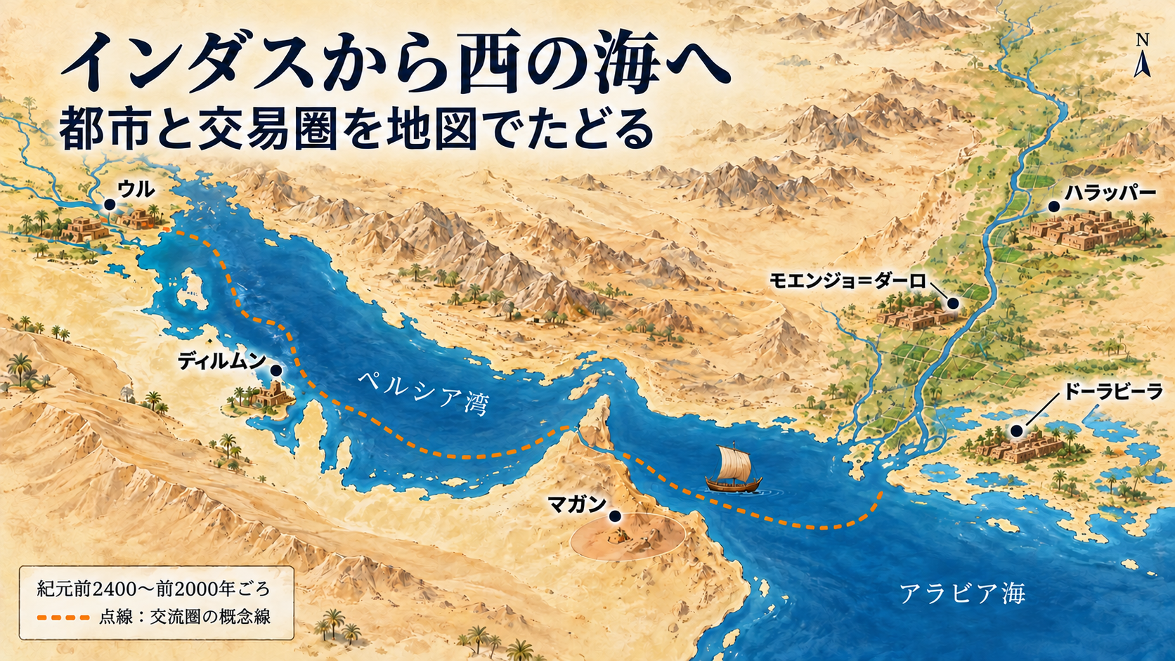 インダスの主要都市とオマーン・バーレーン・南メソポタミアの関係を示す概略地図