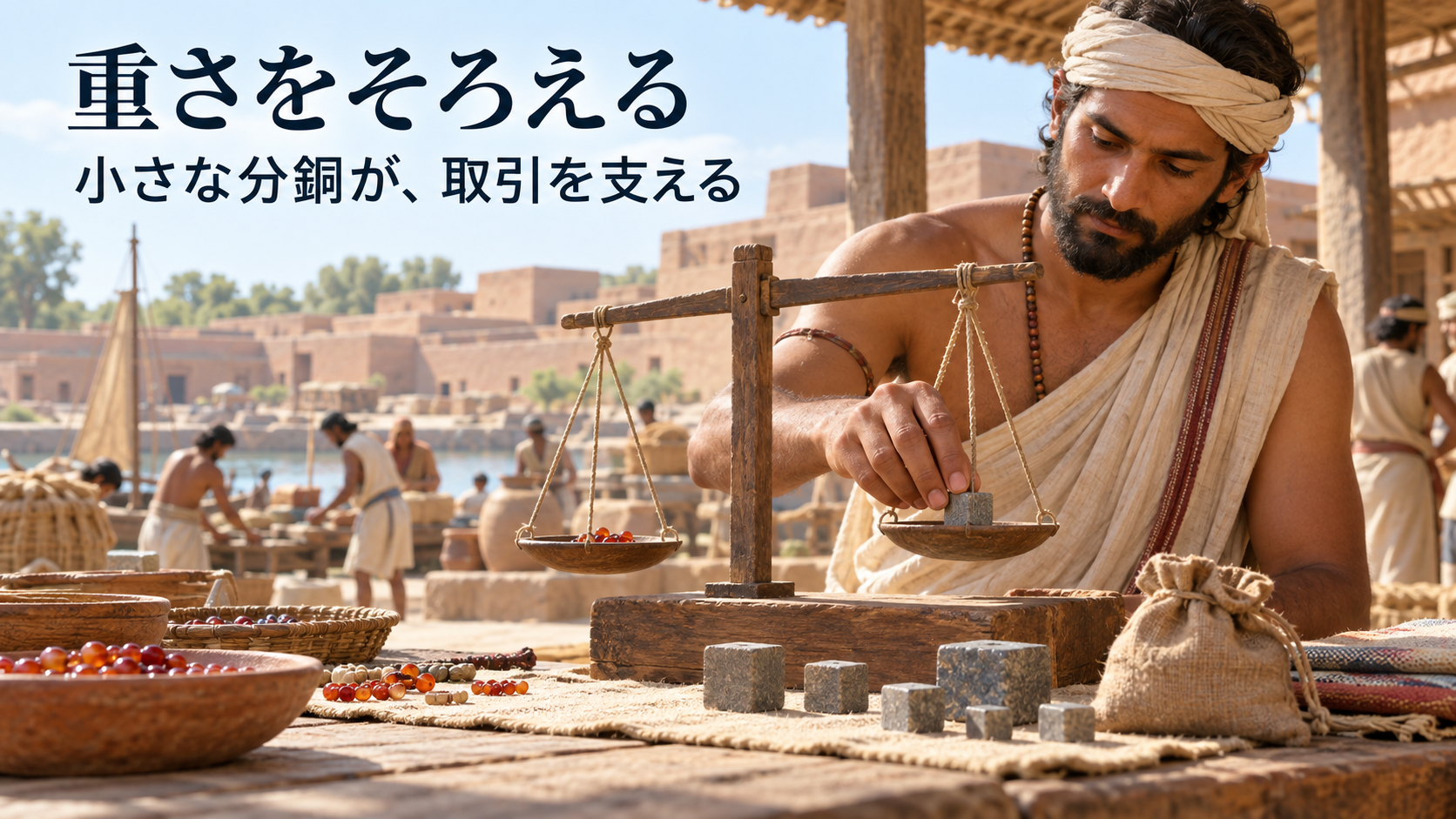 天びんの一方に石製分銅、他方に赤いビーズを載せる取引の復元イメージ