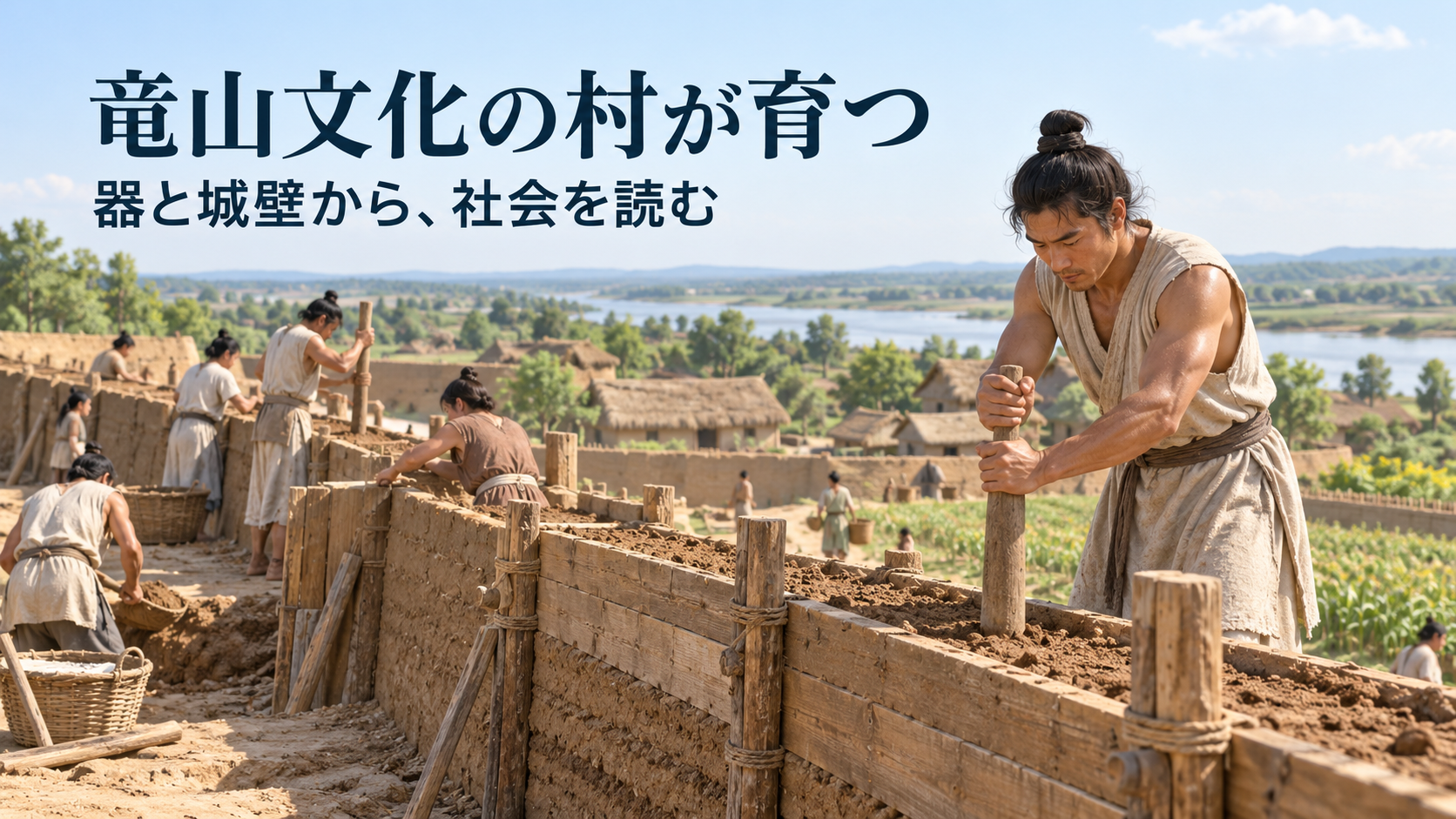 黄河流域の竜山期の集落で、土を層ごとに突き固める成人の作業者を描いた復元イメージ