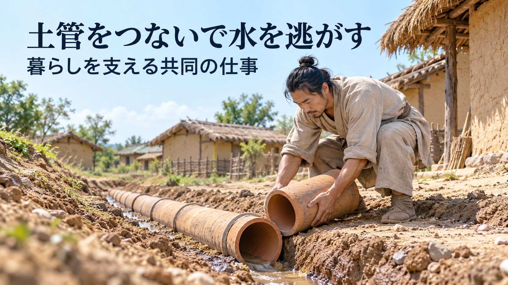 竜山期の集落で、成人の作業者が溝に土製の排水管を据える復元イメージ