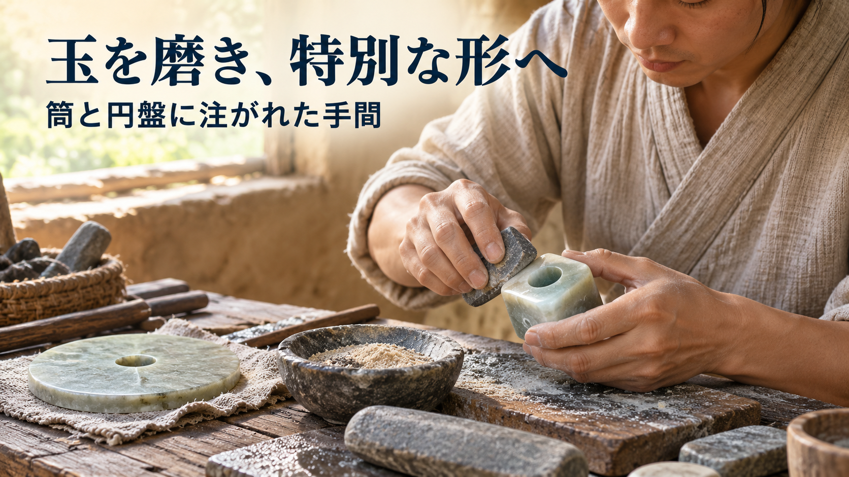 良渚文化の工房で成人の作り手が玉器を研磨し、筒形と円盤形の違いが見える復元イメージ