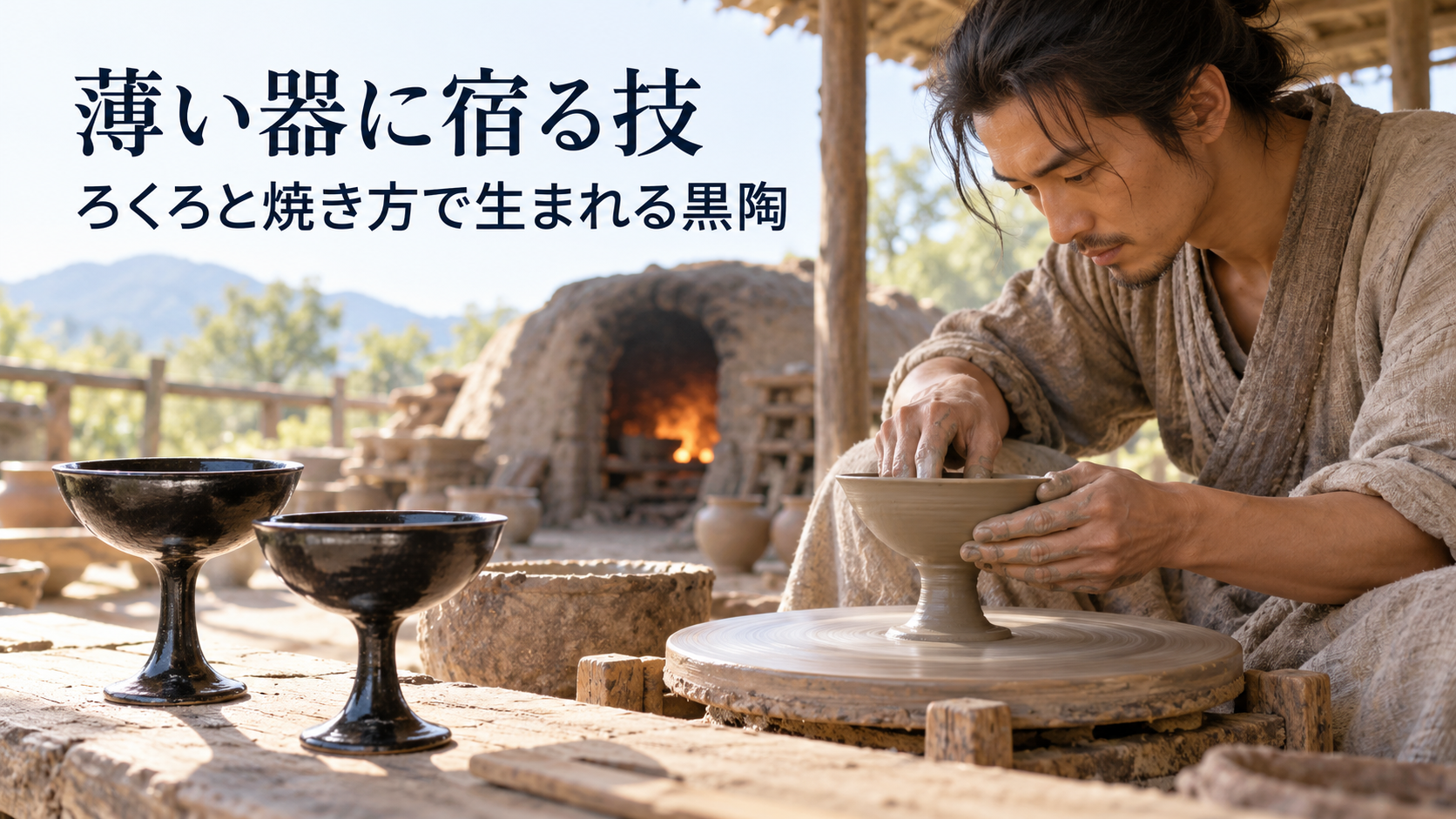 竜山期の工房で、手回しのろくろを用いて薄い杯を成形する成人の職人の復元イメージ